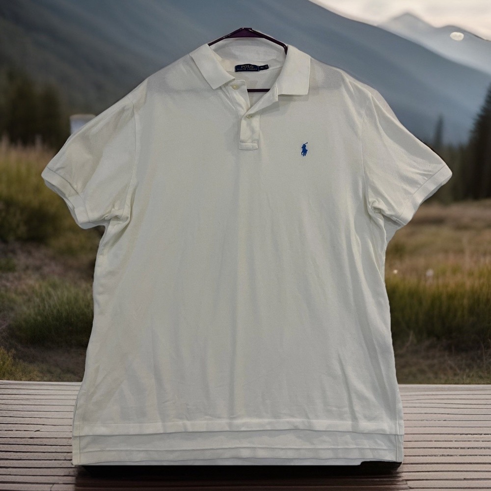 Polo Ralph‎ Lauren Polo Shirt Mens XL White Pique Cotton Short Sleeve Blue Pony